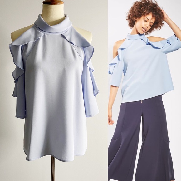 Topshop Tops - TOPSHOP Ruffle Cold Shoulder Top in Baby Blue